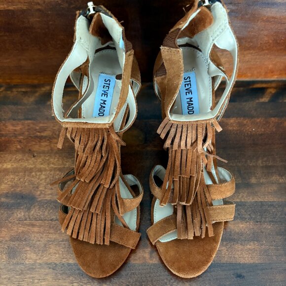 STEVE MADDEN Women's Brijett Brown Suede Leather High Heels Sandals Size 7 - Picture 2 of 8